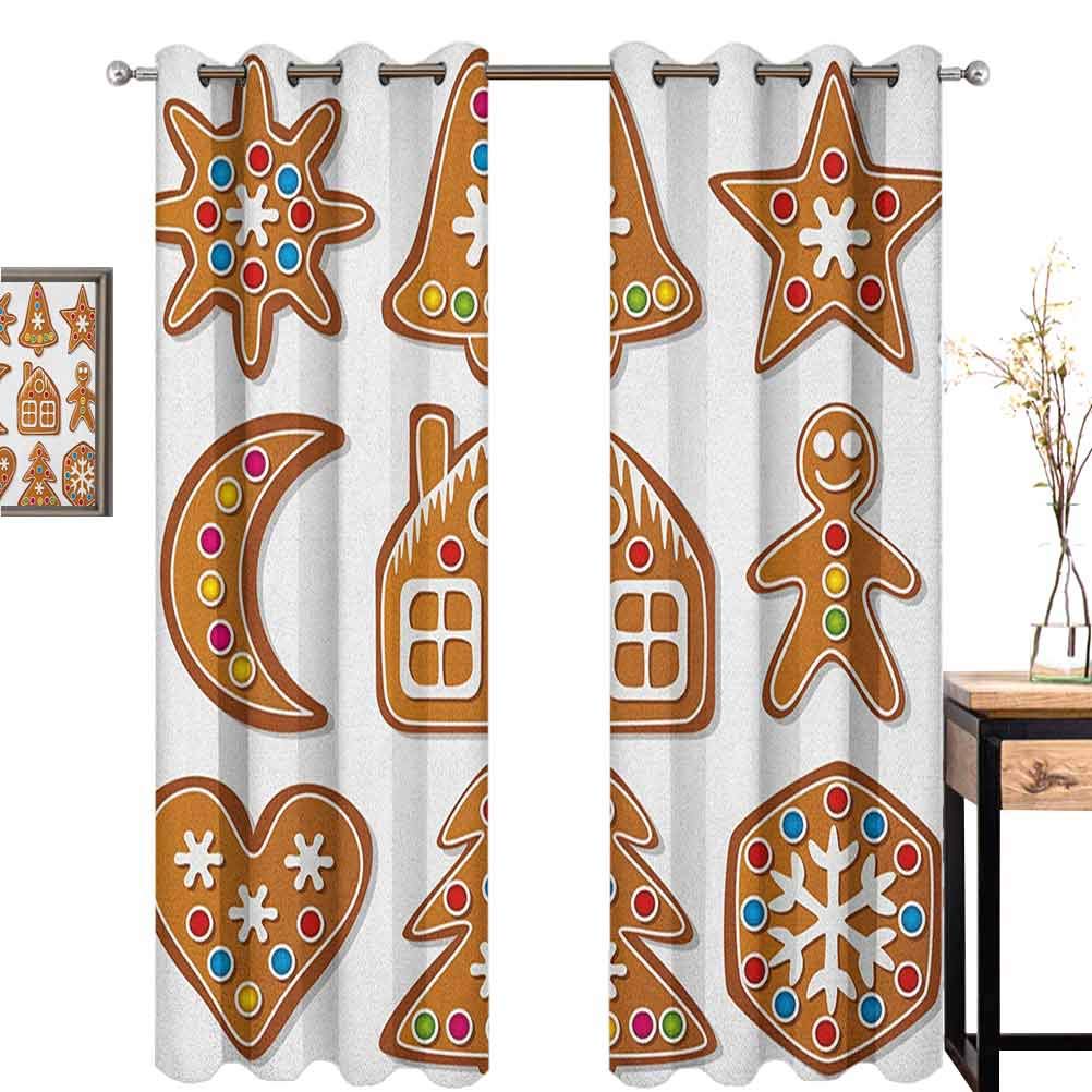 Gingerbread Man 100% Blackout Lining Curtain Set of Graphic Gingerbread Sugar Biscuits Colorful Dots and Bonbons Full Shading Treatment Kitchen Insulation Curtain W84 x L96 Inch Brown Multicolor