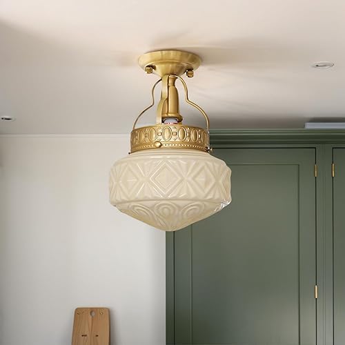 Miniatura 2 de Lámpara de techo semiempotrada dorada, lámpara de latón, luces de techo de vidrio amarillo leche vintage, lámparas de pasillo, lámpara de mediados