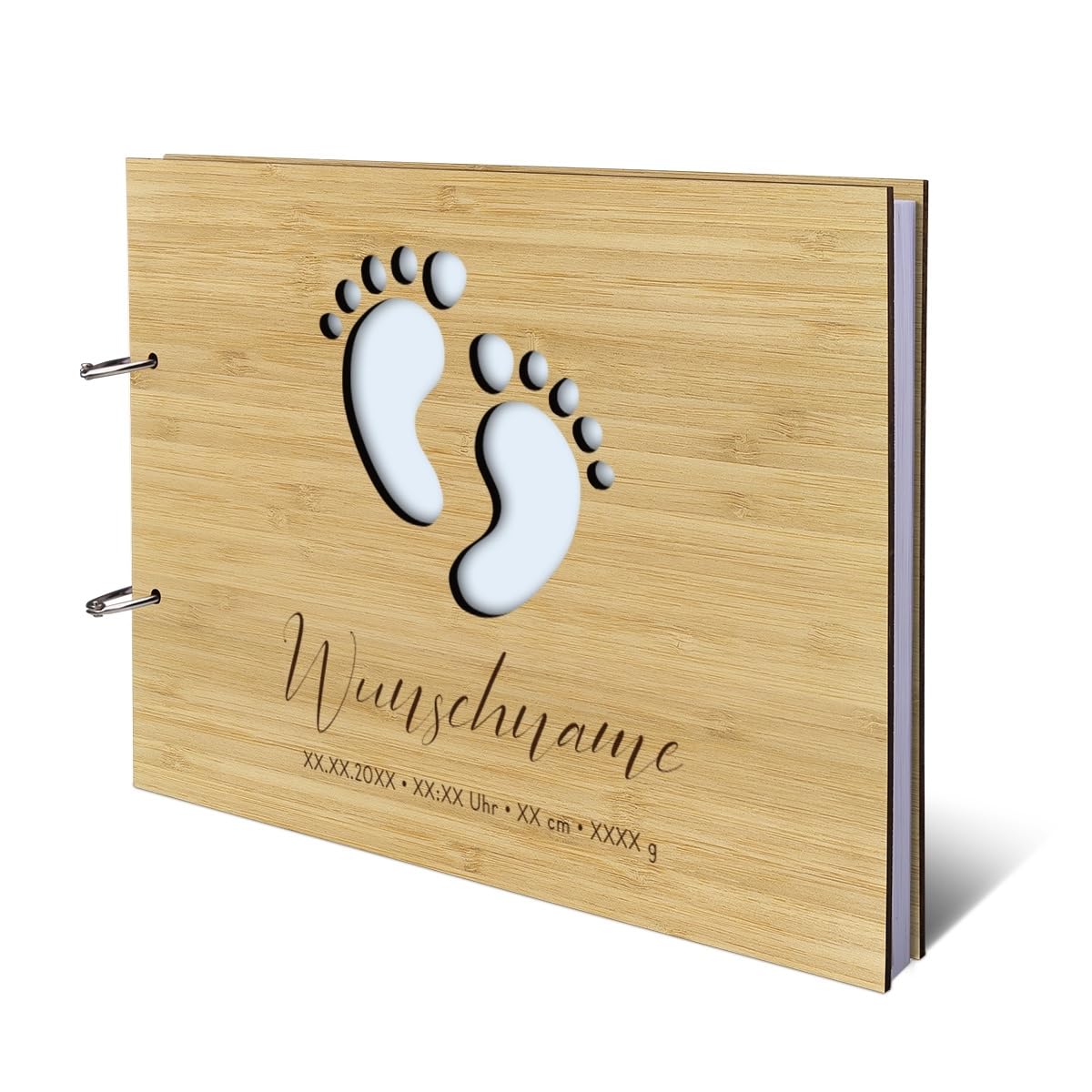 Personalisiertes Geburt Gästebuch echtes Holz DIN A4 Erinnerungsbuch mit Lasergravur - Fußabdrücke - mit 72 Blatt / 144 Seiten Naturpapier Weiß