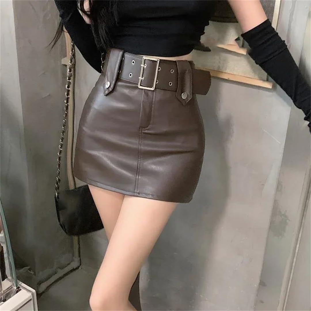 Kelsiop Minifalda de piel sintética de cintura alta para mujer, falda corta acampanada, casual, fiesta, club