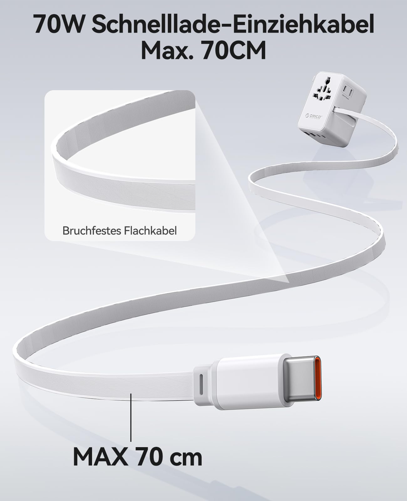 ORICO 70W GaN Reiseadapter mit Ausziehbarem Kabel, 7-in-1 Reisestecker, 3USB-C 2USB-A 2AC, 2 Sicherungen, Internationaler Adapter für Europa, UK, USA, Asien - UAX(Weiß)