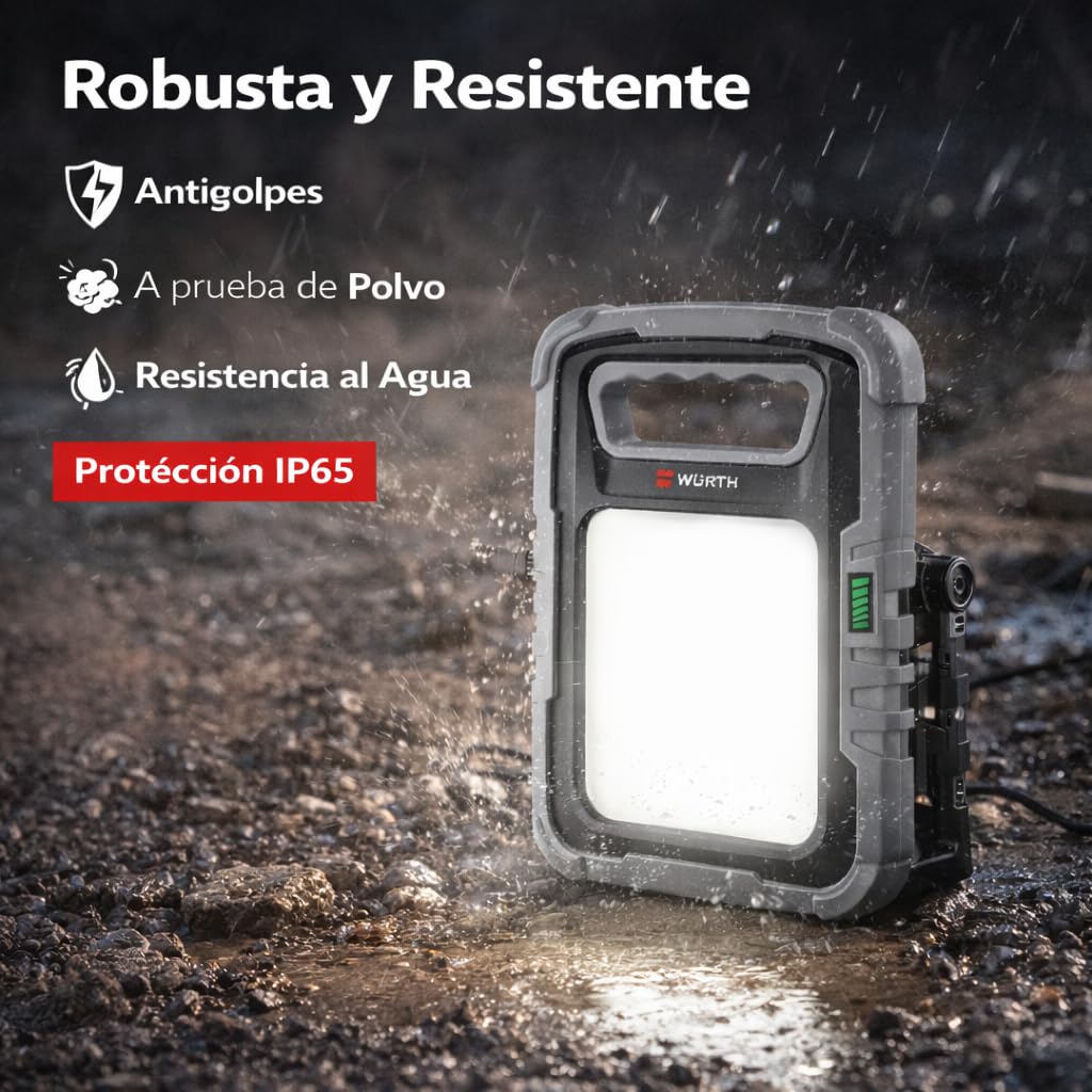 WÜRTH Luz de Trabajo LED Profesional 25W Ergopower Dual, Foco Portátil Recargable 2500 lm, Batería + Cable 3 m, Cargador para Coche 12/24V, USB Powerbank, Ideal para Taller y Obra (25, Vatios)