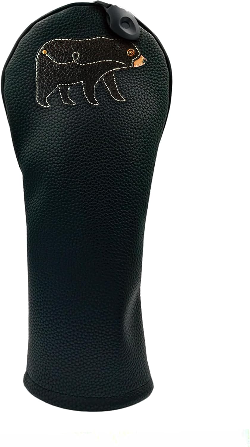Black Bear PU Leather Golf Club Covers Driver Headcovers Fairway Woods Hybrid Protector with Interchangeable Number Tag