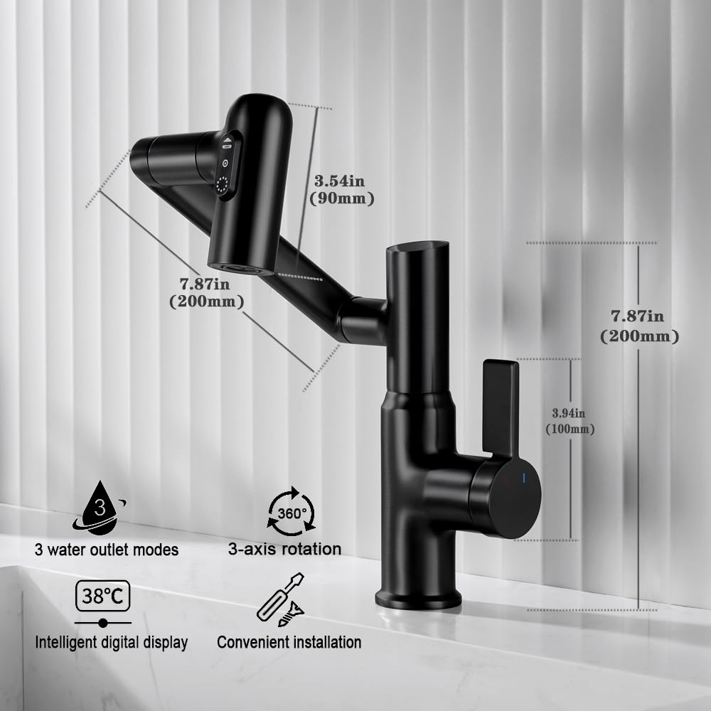 Rubinetti per bagno con temperatura, 2 getti, senza display elettrico della temperatura, rubinetti per bagno con maniglia singola, rubinetti per lavabo da bagno (display della temperatura, nero opac