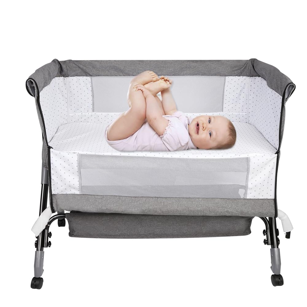 Berceau Cododo avec Matelas et Moustiquaire 2 in 1 Lit Bébé Cododo pour Les Bébés de 0 à 36 Mois Pliable 2 en 1 Berceau bébé Mobile Lit d'Appoint 104 * 52 * 103-115cm, Lin Gris