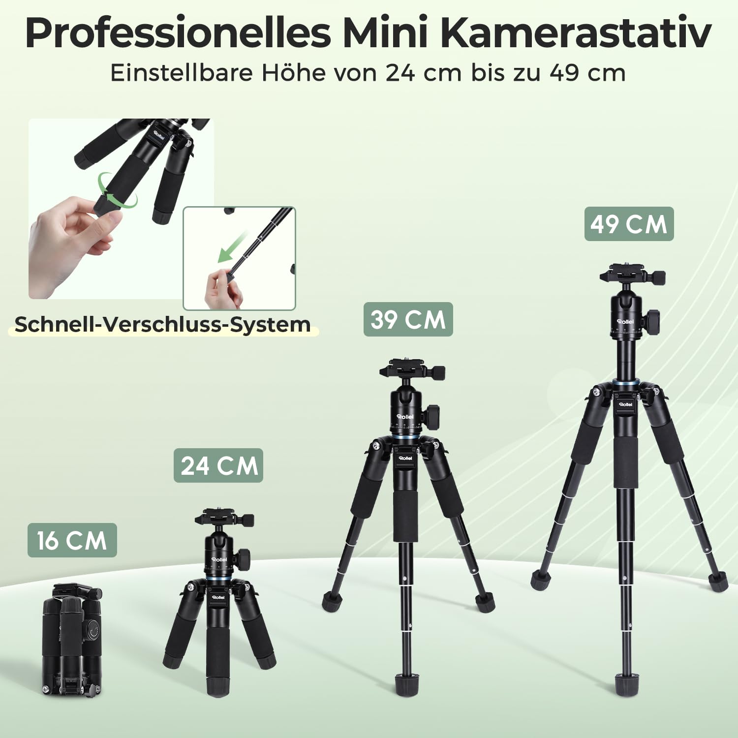Rollei Compact Traveler Mini M1, Ministativ Kamera aus Aluminium 49cm Leichtes Desktop Reisestativ Klein mit Arca Swiss Kugelkopf Kompaktes Tischstativ für DSLR Schwarz, Stativ-Klein-Mini-Tripod