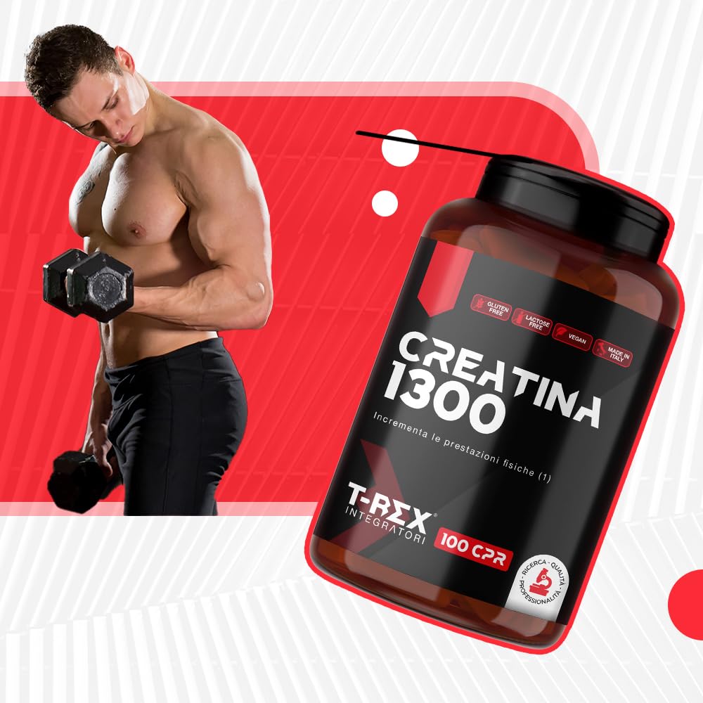T-Rex Integratori Creatina Micronizzata Monoidrata 100 compresse da 1300mg - Integratore alimentare per massa muscolare e boost energetico pre workout