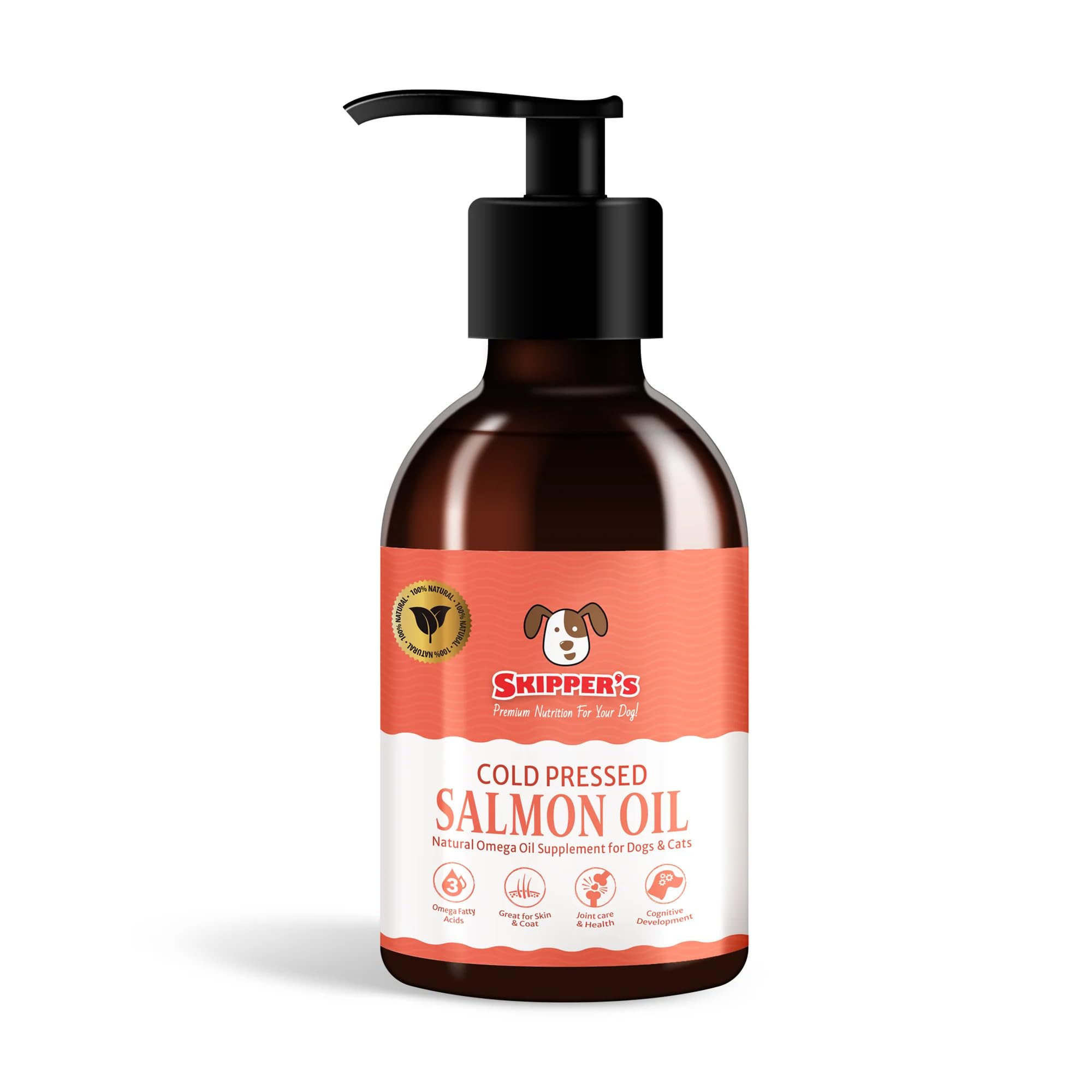 SKIPPER'S Cold Pressed Salmon Oil for Dogs & Cats, 100% Fresh Icelandic Omega 3 & 6 Oil Supplement, Supports Skin and Coat