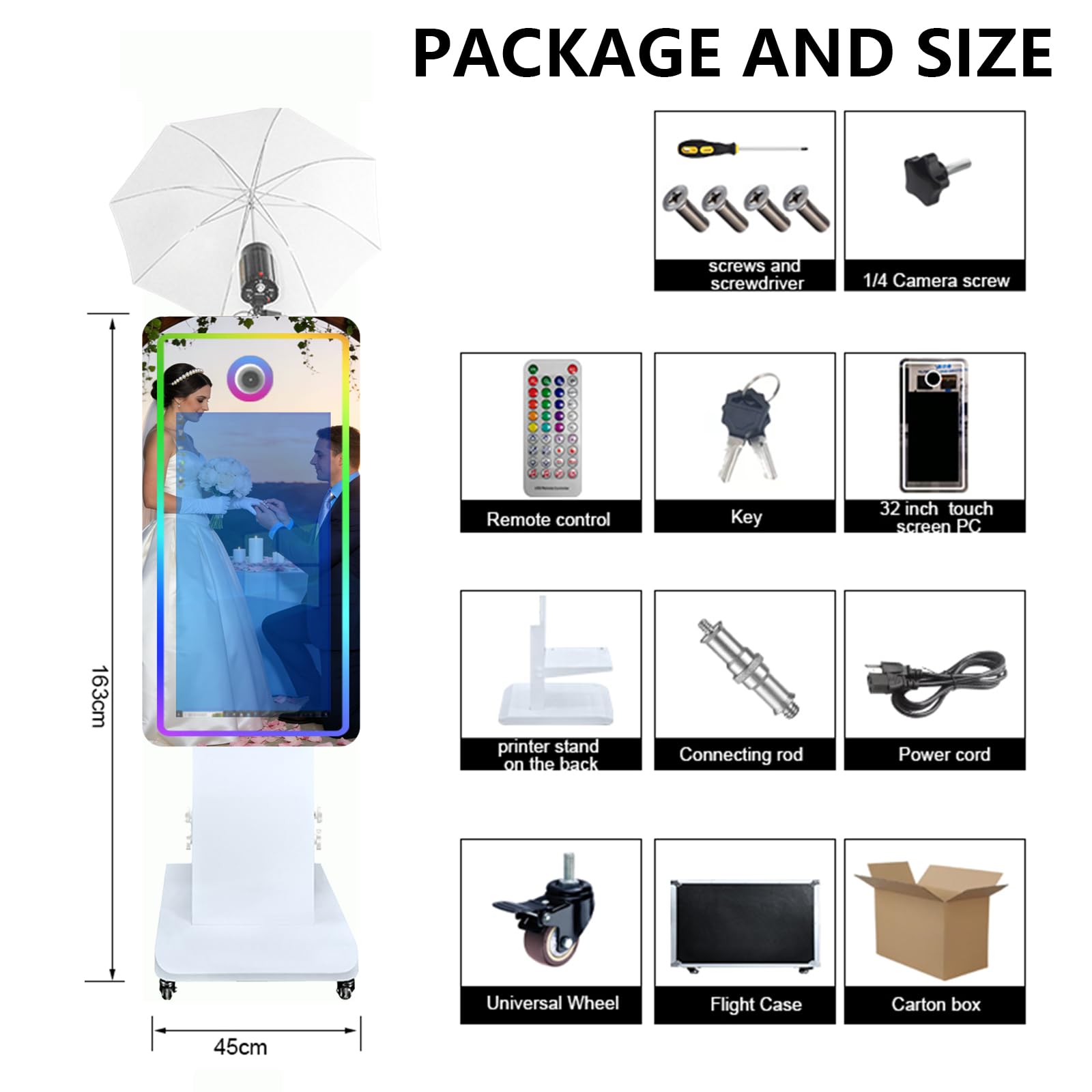 Soft-Light parasol, magiczne lustrzane fotobudka z ekranem dotykowym 81.3 cm, fotobudka do selfie z futerałem lotniczym, fotobudka RGB na imprezę (biała, fotobudka)