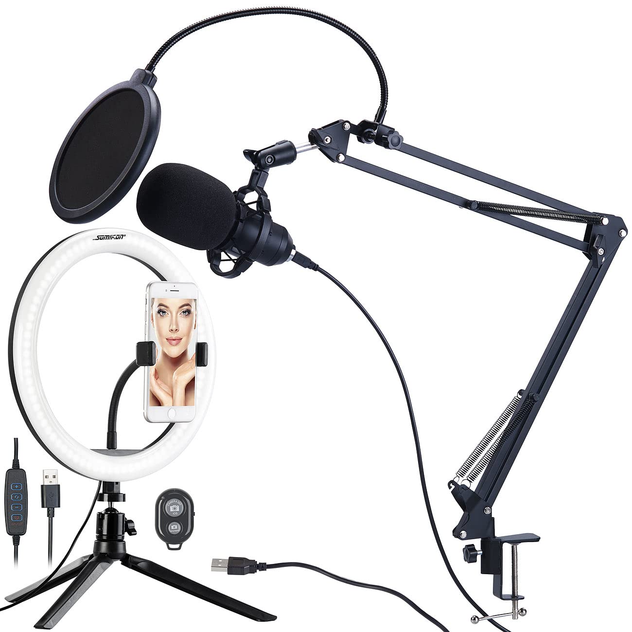Microphone à condensateur professionnel avec filtre anti-pop et anneau LED [auvisio]