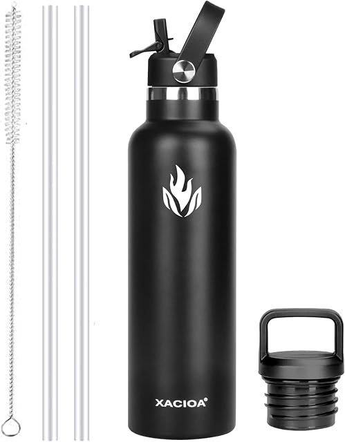 XACIOA Stainless Steel Water Bottle With Straw -for Hot/Cold Drinks 500/750/1000/ml Vacuum Insulated Leak Proof Water Bottle,BPA Free - with 2 replacement lid and straw Brush