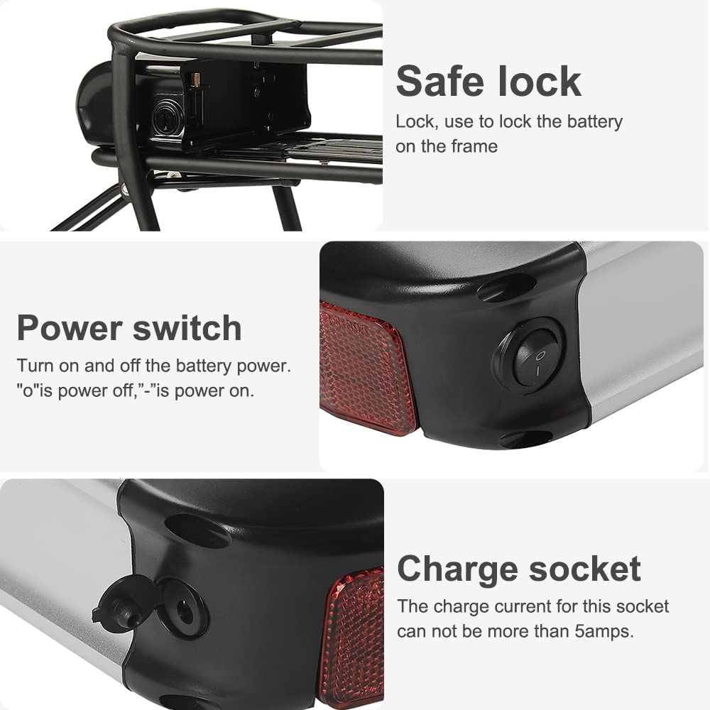 Batterie YOSE POWER 36V 13Ah – 250-700W, Avec Porte-bagages, Pour Vélos électriques Mifa, Aldi, Prophète, Rex