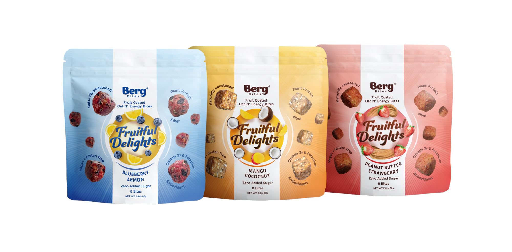 Berg BitesFruitful Delights - Non-GMO, Gluten Free, Dairy Free, Soy Free and Vegan - Clean Energy Snack - 2.8oz, Pack of 8 (3 Pack All Flavors)