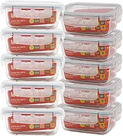 Mozcada - Kit 10 Potes de Vidro Marmita 330ml Hermético com Trava Retangular