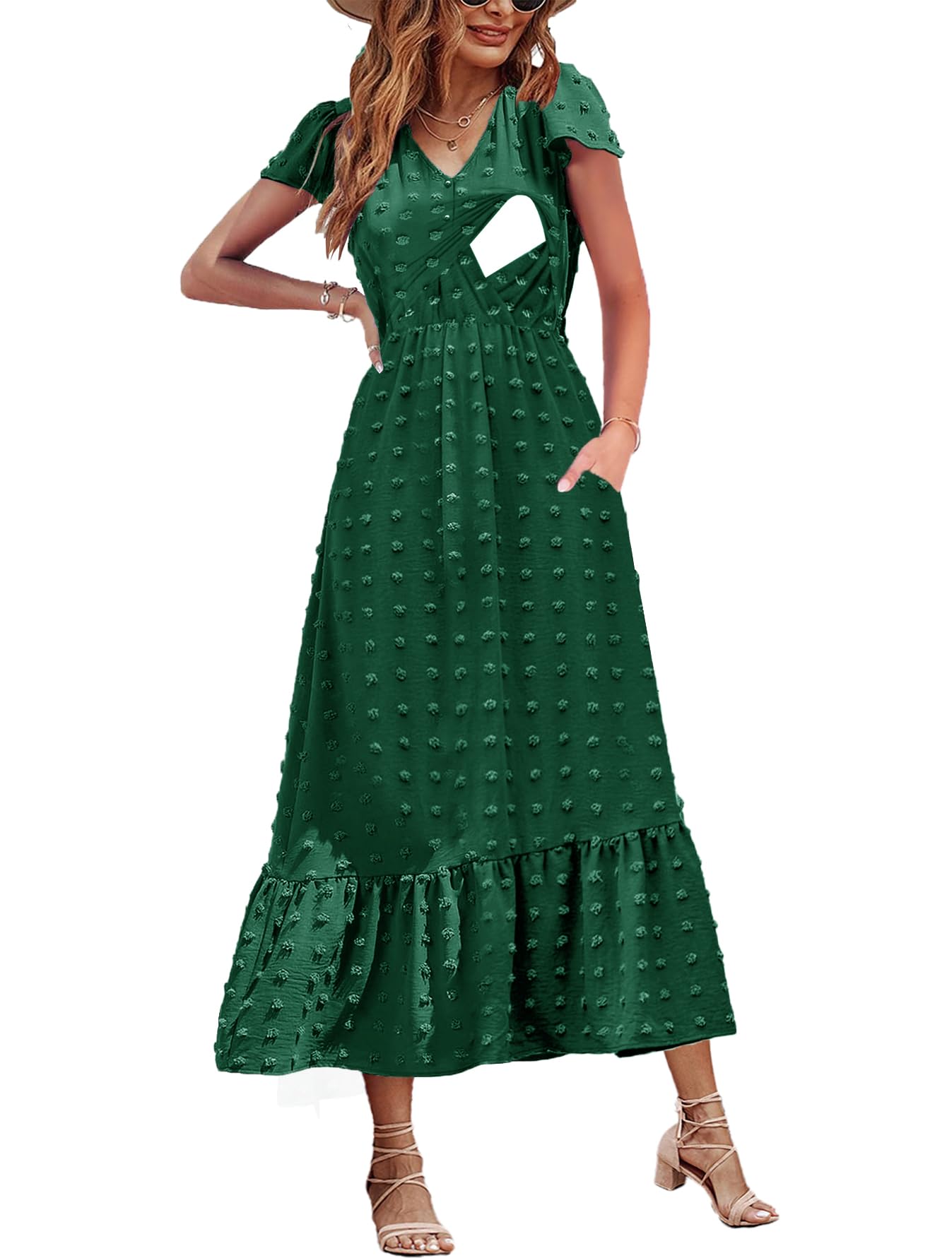 CzzzyL Women Nursing Dresses Cap Short Sleeve V Neck Swiss Dot with Pockets