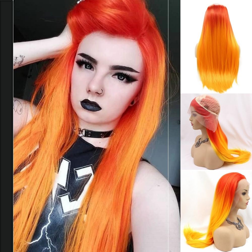 SereneWig 24" Long Straight 13x3" Front Lace Wig Orange Fire Color Wigs for Women Girls Cosplay Party Halloween Hot Red Orange Ombre Heat Resistant Fiber Wigs Net Wig Caps Included Middle Part