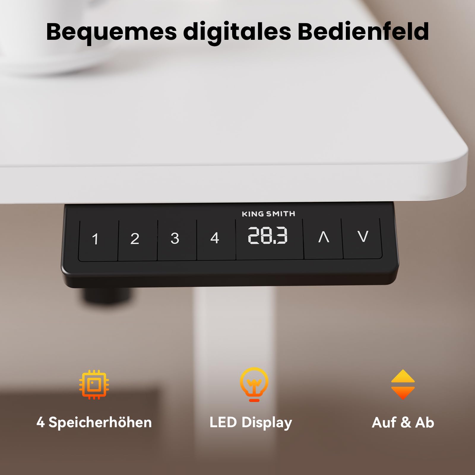 WALKINGDESK Höhenverstellbarer Schreibtisch 120 x 60 cm, Weiß | Elektrischer Stehschreibtisch, 4 Speicherpositionen, Zweiteilige Tischplatte, Computertisch mit 2 Haken für Homeoffice