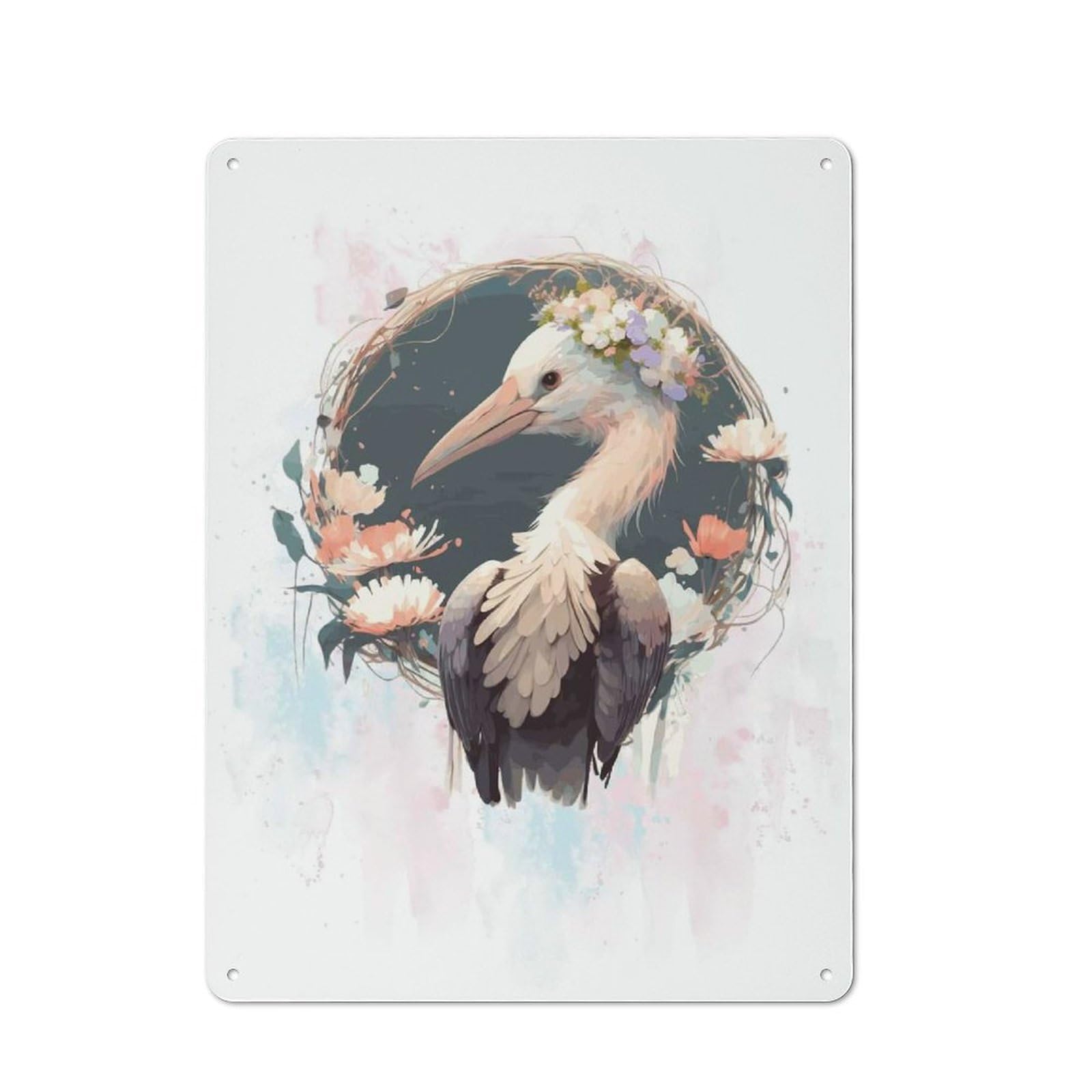 Junmoney Style-2 Floral Watercolor Stork Vintage Metal Sign 40X30cm For Lounge Or Reading Corner, For Garage, Workshop And Man Cave Decoration
