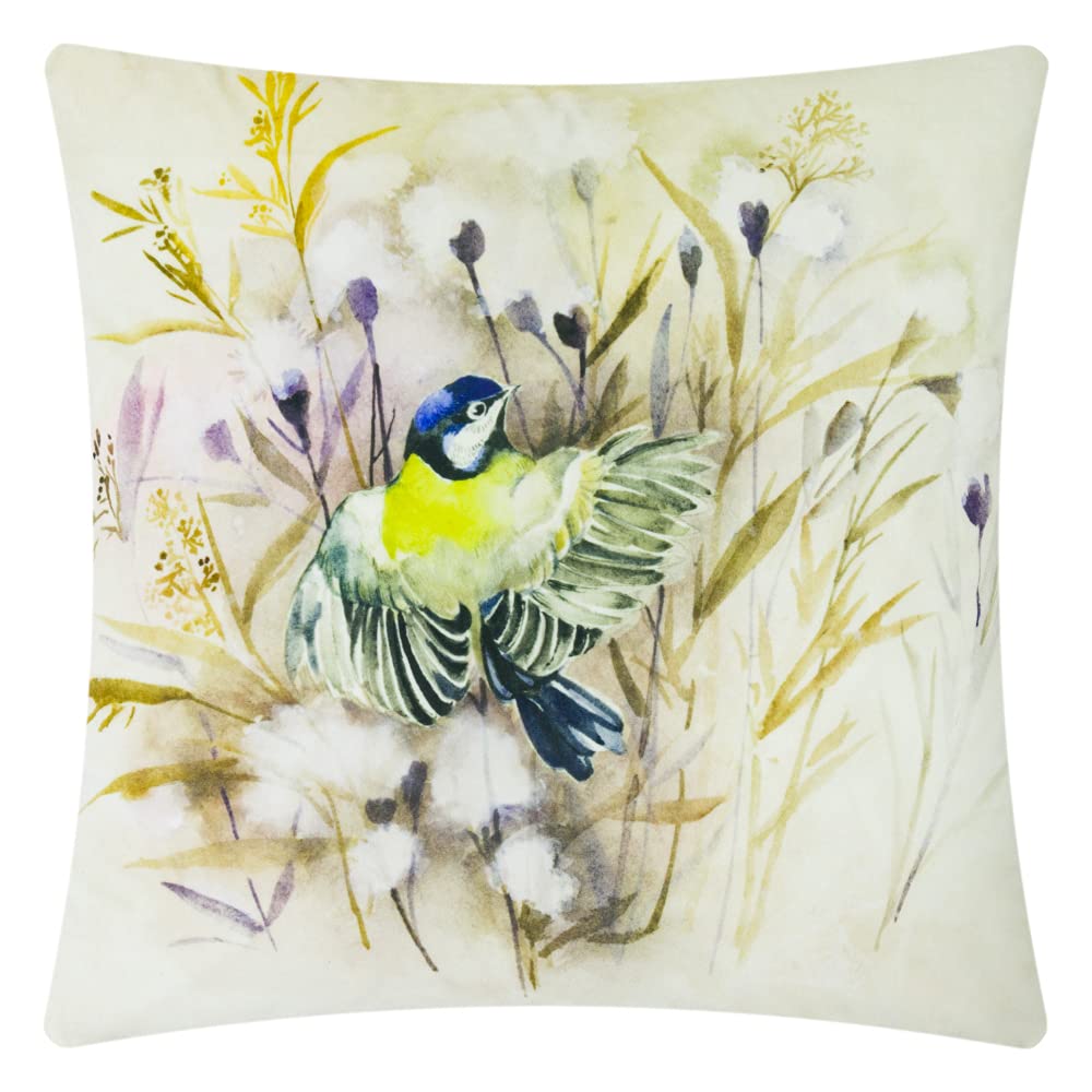 JWH Watercolor Blue Tit Bird Throw Pillow, Wildflower Meadow Decorative Cushion, Soft Velvet Pillow for Sofa, Couch, Bed, Nature Home Decor 18x18