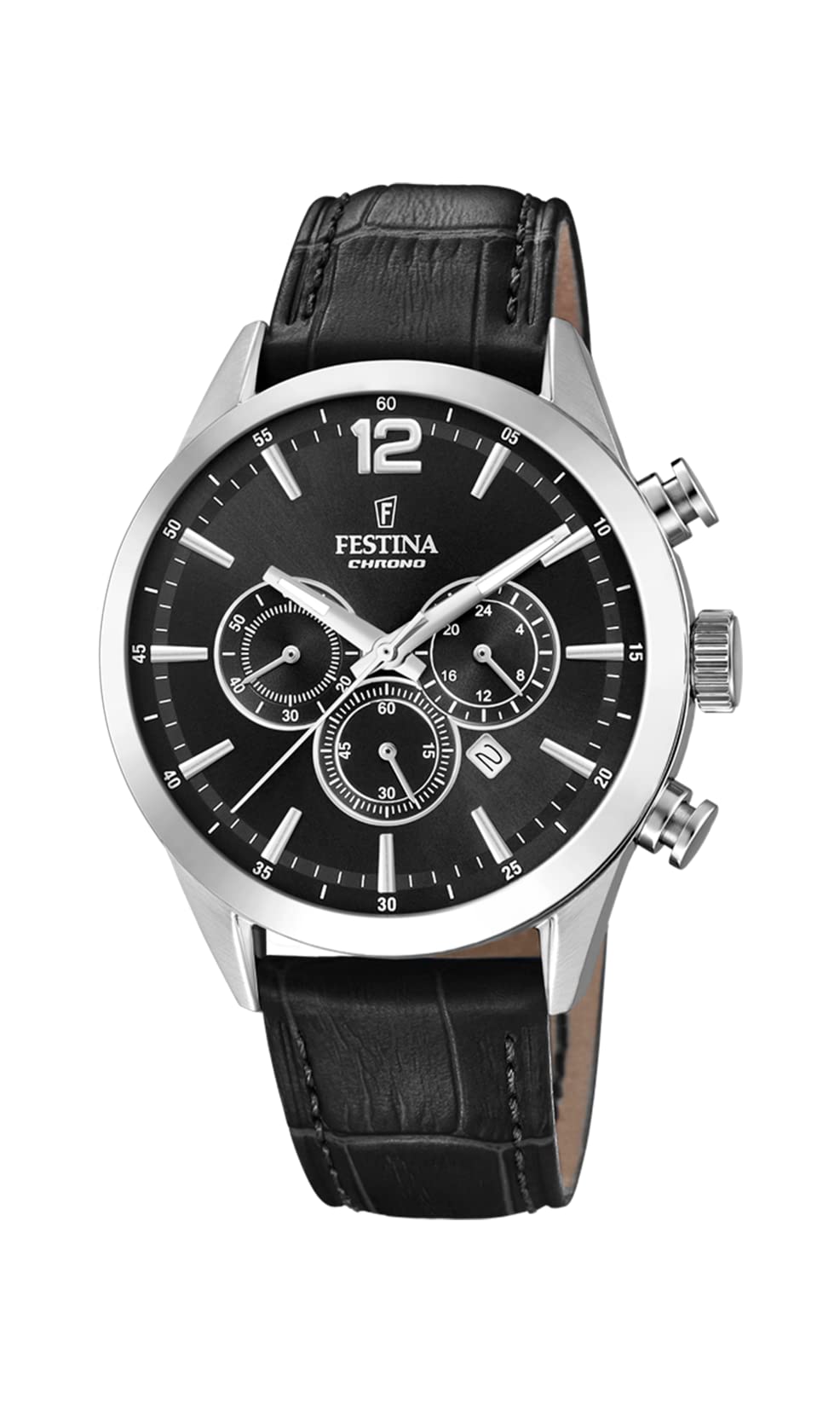 Festina Montre Homme Analogique avec Bracelet en Cuir Noir - Mouvement Quartz - Chronographe - Calendrier - Verre Minéral Haute Résistance - Étanche 5 ATM - Élégante F20542/​5 Timeless Chronograph