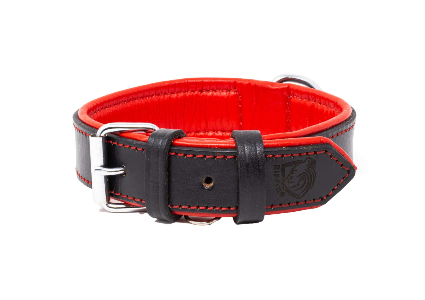 Riparo Genuine Leather Padded Dog Heavy Duty K-9 Adjustable Collar (XL: 4.5CM Wide for 55.9CM - 63.5CM Neck, Black/Red Thread)
