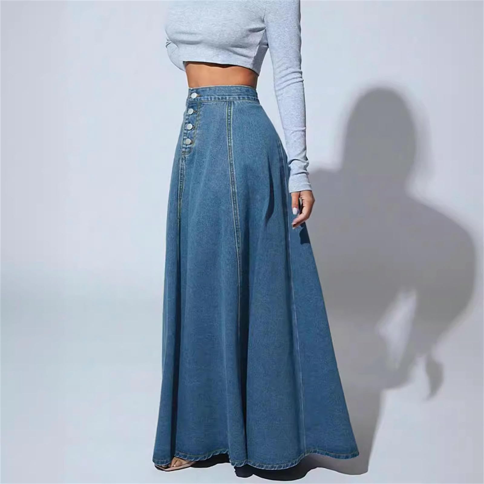 Rock Einreihiger Jeansrock Für Damen – Schicker, Ausgestellter Midirock In A-Linie (frühling Sommer)-hellblau-l
