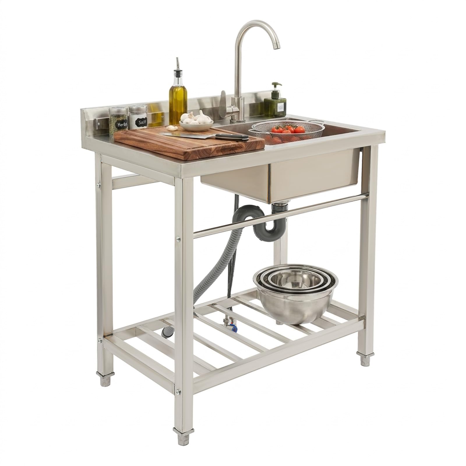 Lavello autoportante con gambe quadrate e una vasca, lavello commerciale con mobiletto, portata fino a 100 kg, incluso rubinetto e connettore per acqua, 80 x 55 x 84 cm