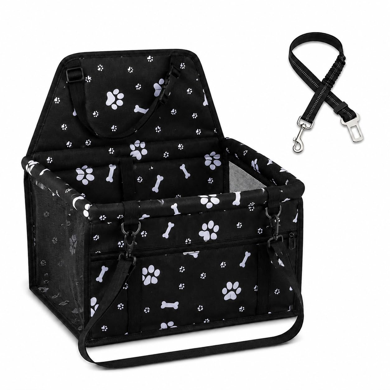 Dog Car Seat Foldable Pet Booster Seat with Seat Belt & Headrest Strap, Breathable Travel Carrier for Small Dogs, Cats & Puppies, Safe, Comfortable Car Accessory for Everyday Travel (Black Paw)