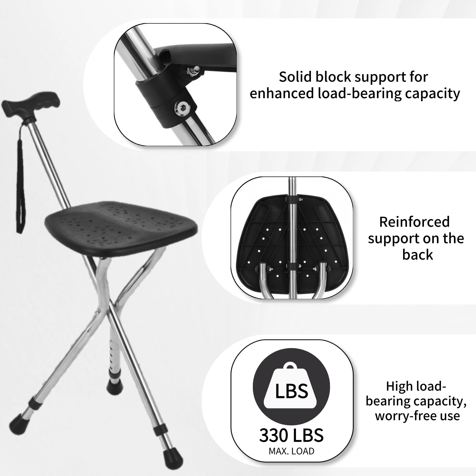 Bastón con Asiento Plegable y Ligero, Altura Regulable, con iluminación LED, Antideslizante y Duradero, Apto para Hombres, Mujeres y Personas Mayores