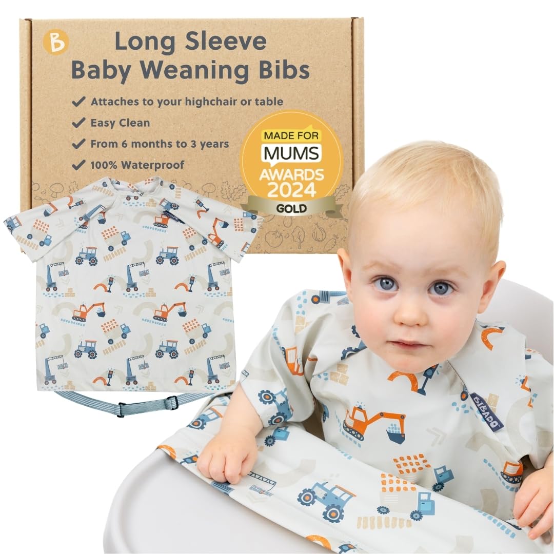 BIBaDO - Short Sleeve Baby Bibs - Babies & Toddlers 6-36 Months - Coverall Weaning Bib - Easy Wipe Clean & Soft Fabric - Attach to Highchair & Tables - Waterproof - Machine Washable