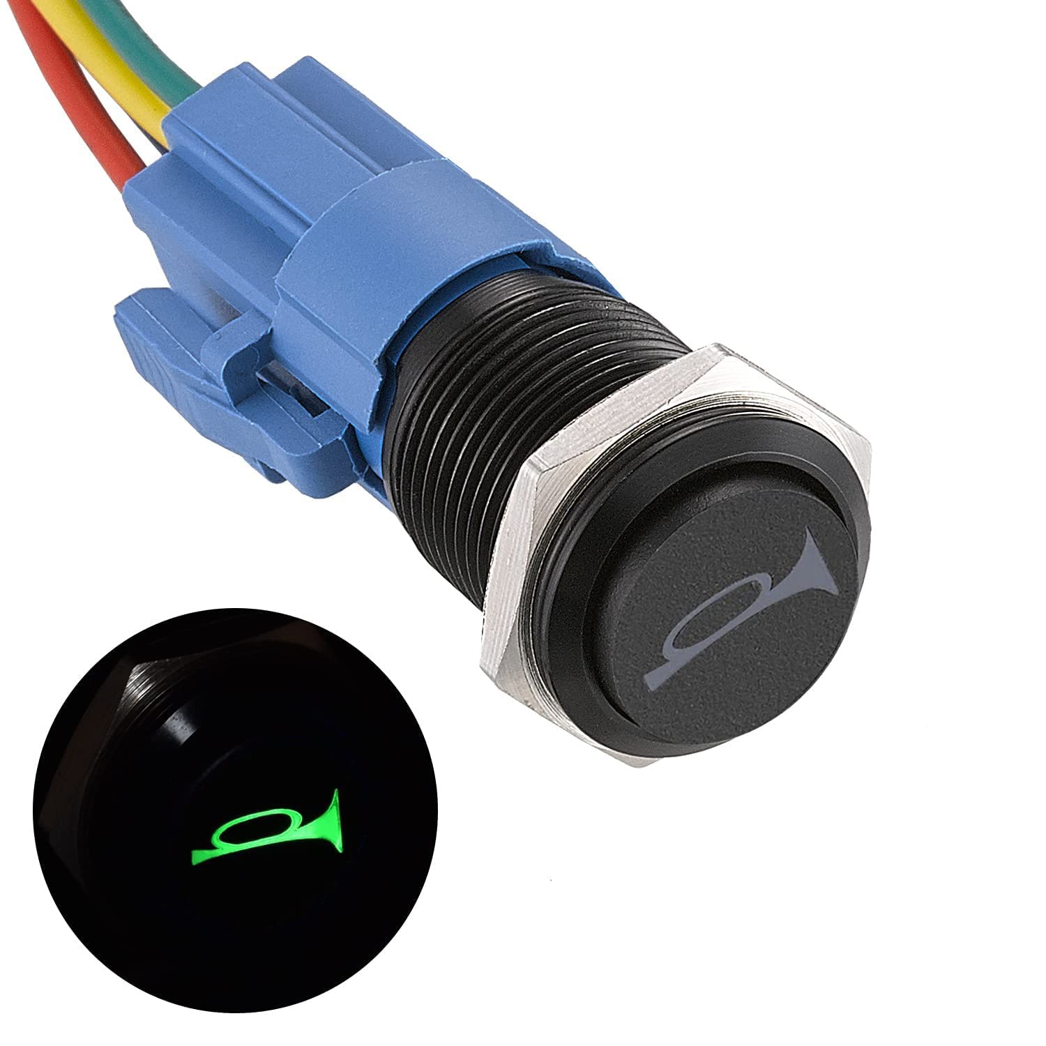 19mm 12V Momentary Speaker Horn Push Button Toggle Switch 3/4" Mounting Hole 1NO 1NC SPDT with Pre-Wiring Socket for Car Auto Motor Aluminium Alloy, Push Button Latching Switch (Blue/Black Shell)