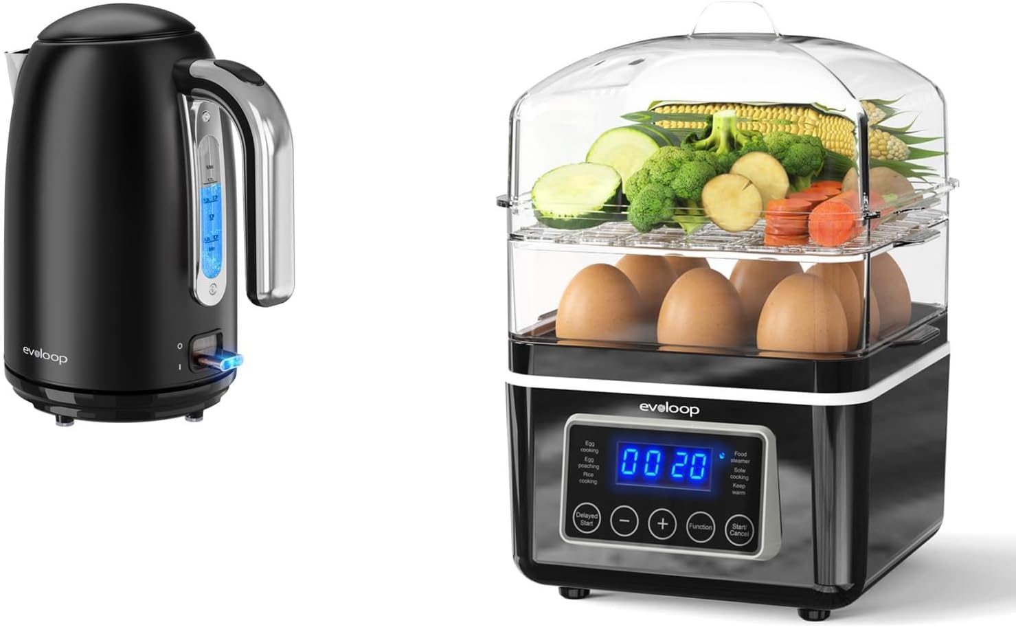 2 Tiers Electric Food Steamer with Evoloop Electric Kettles