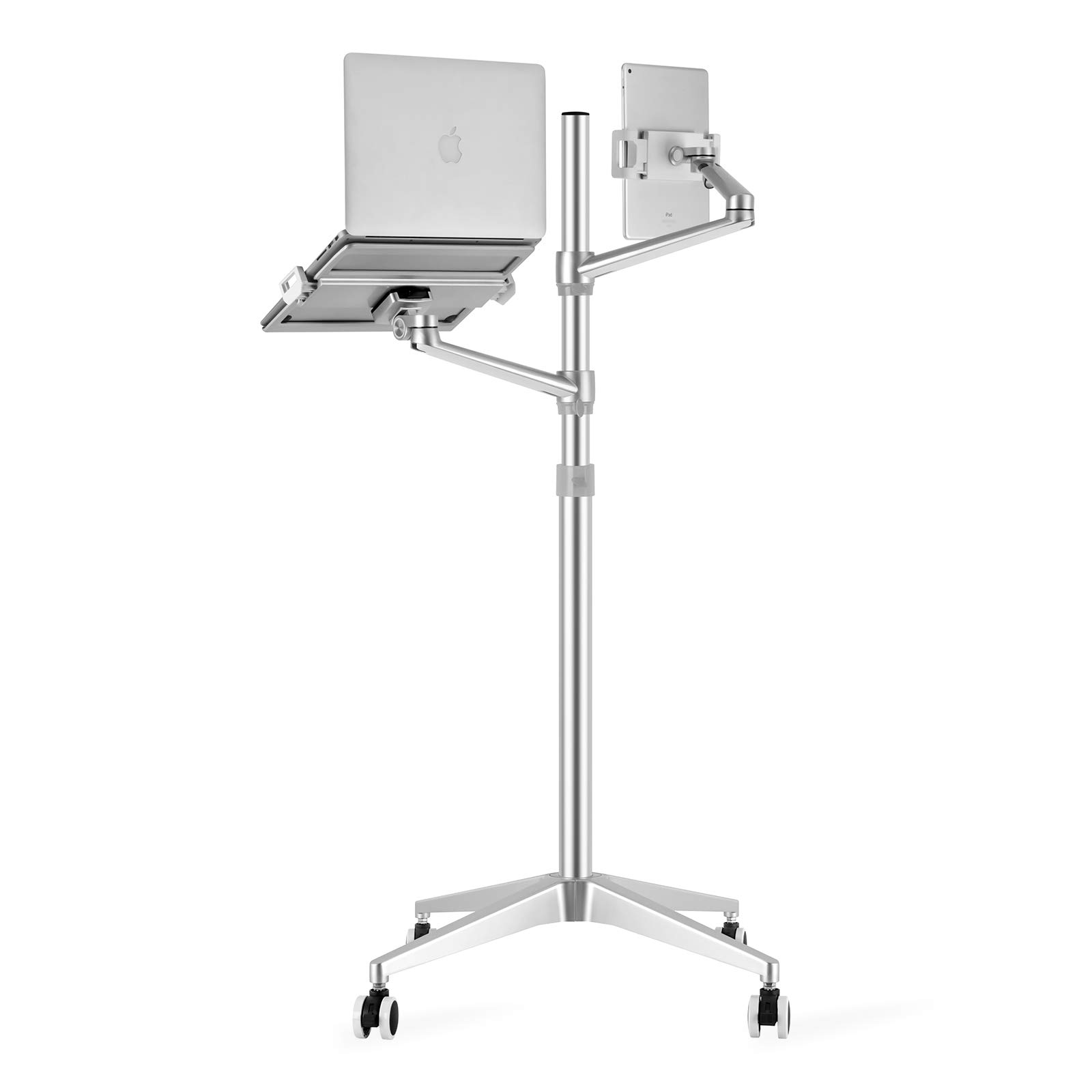 ThingyClub - Soporte para tablet y portátil, 2 en 1, altura ajustable, doble brazo para tableta y teléfono de 4 a 13 pulgadas, bandeja adicional para portátiles de 12 a 17 pulgadas (plata)