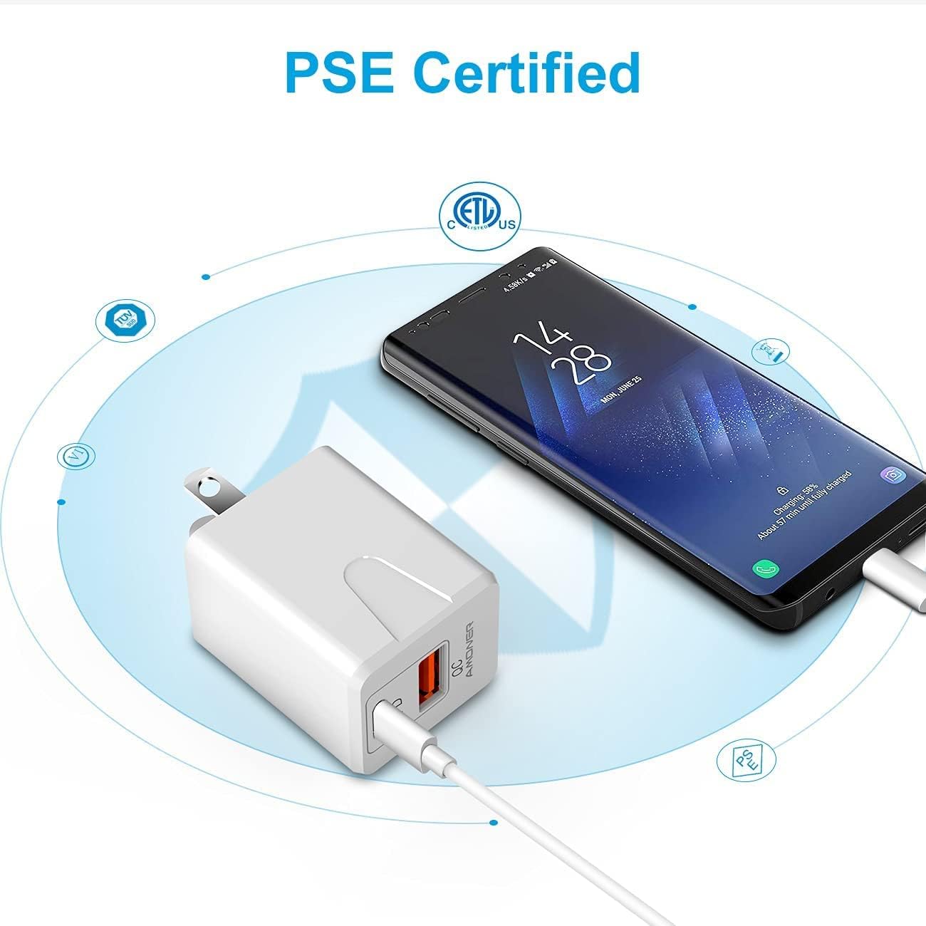 USB C Charger, Dual Ports iPhone Charger with USB C and USB A Port USB C Wall Foldable Plug Charger with 3FT USB C Cable USB C Power Adapter for iPhone13/12/12Pro/12Mini/11/11Pro/XS/Android and More