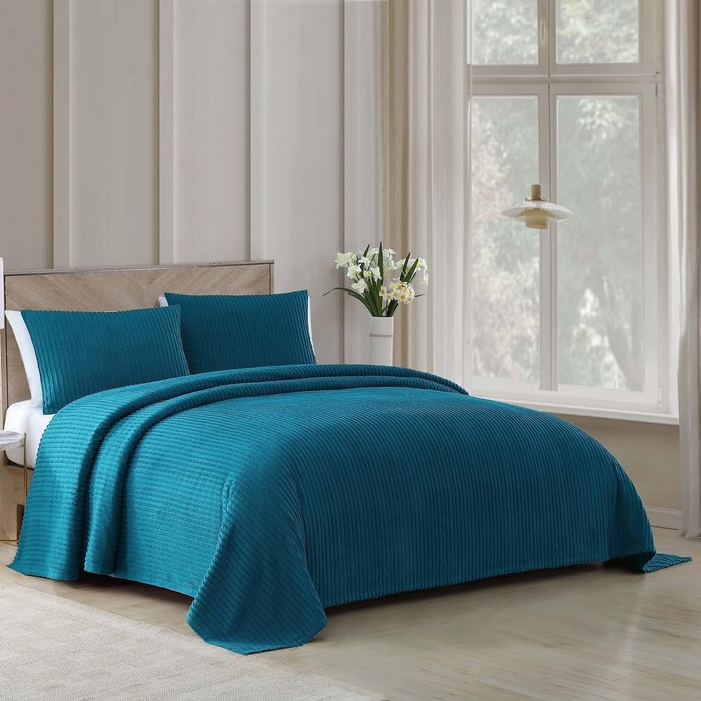 1 Piece Lightweight 100% Cotton Tufted Chenille Bedspread Queen Size Textured Channel Stripe Design | All Seasons Teal Blue Color Shabby Chic Bedding Western Aesthetic Look Soft Plush Cozy