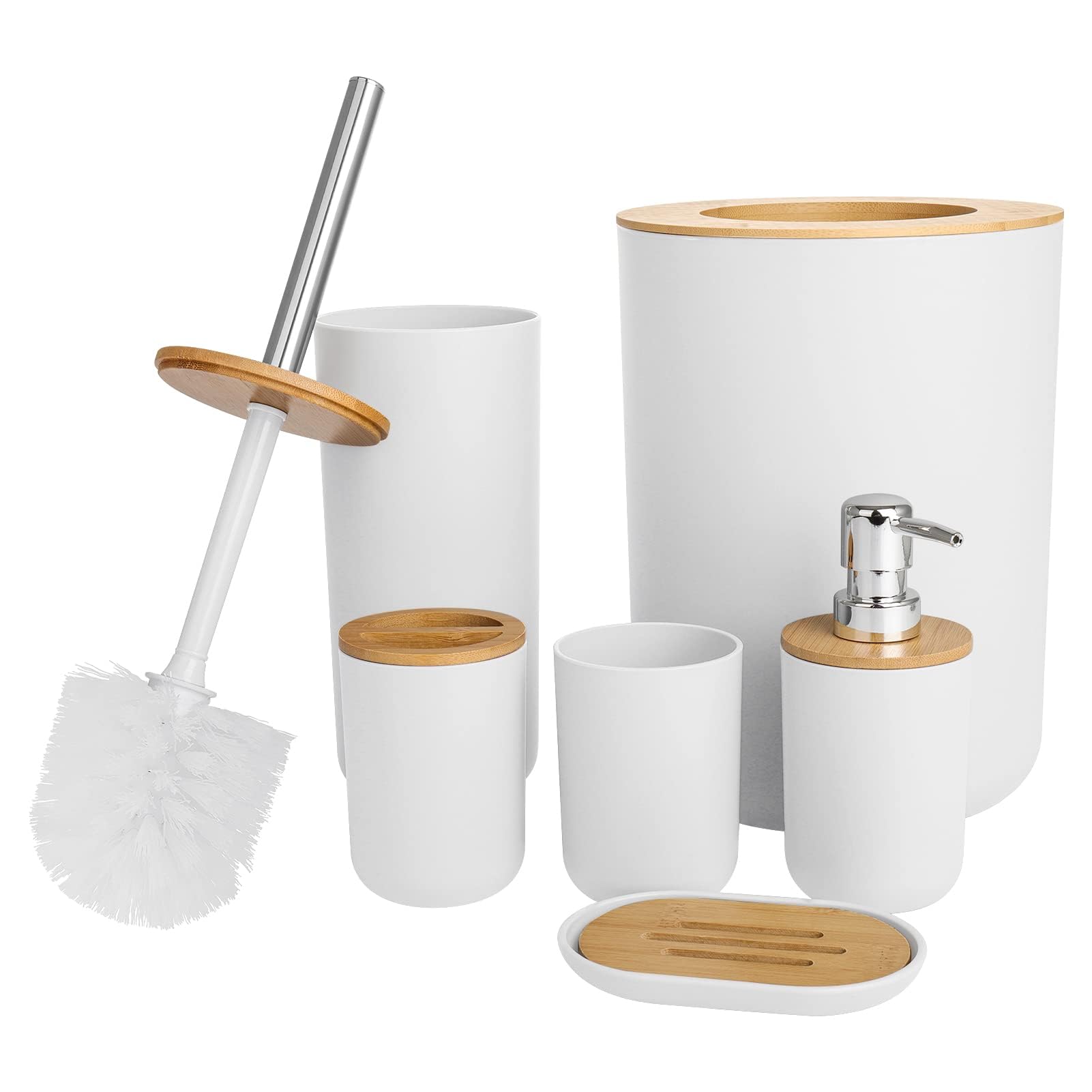 6-Piece Bathroom Accessories Set, Toilet Brush & Bin with Toothbrush Holder, Soap Dispenser, Soap Dish & Tumbler Cup, Modern Bathroom Set (White)
