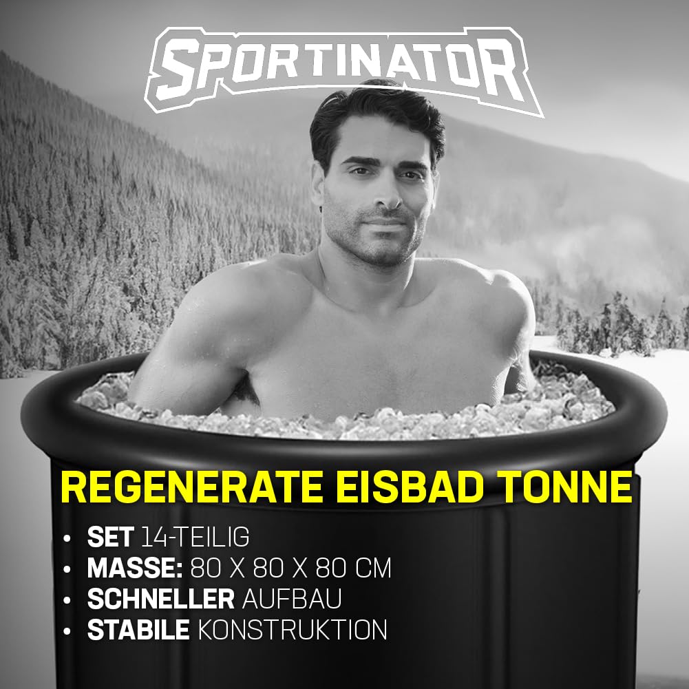 SPORTINATOR Regenerate Eisbad Tonne Ø 80 cm | 400 L | Kältetherapie & Regeneration | 5-Schichten-Gewebe | inkl. Zubehör Komplett-Set, Thermometer & Abflussschlauch (Schwarz)