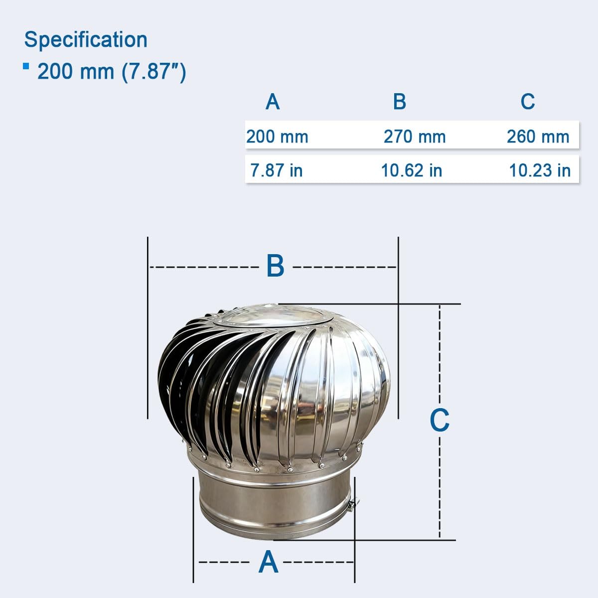 Comignolo Girevole in Acciaio Inossidabile, 75 110 160 200 250 mm Cappello Eolico per Canne Fumarie E Camini, Tappo Antipioggia per Tetto per Tubo di Scarico Fumi, Durevole(200 mm)