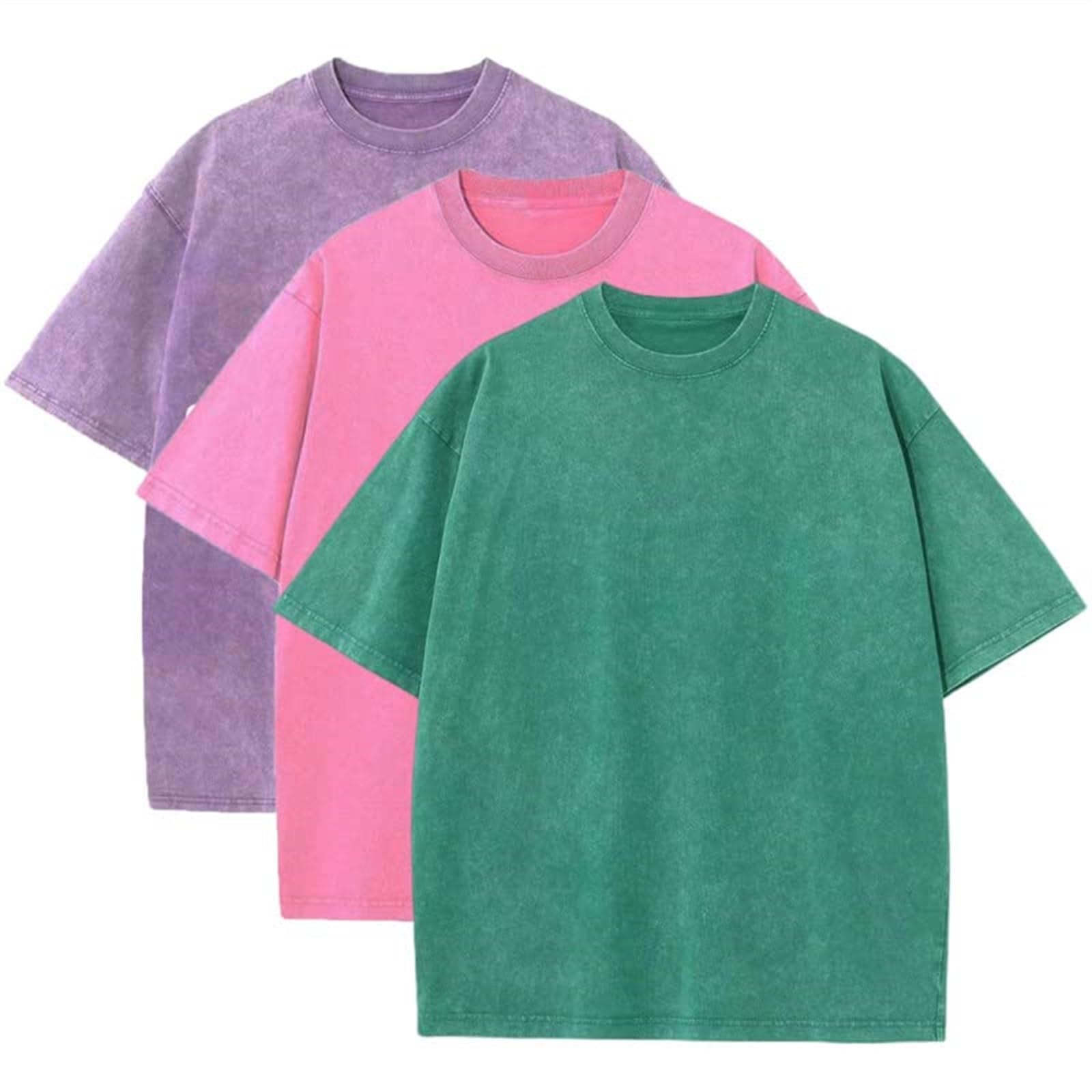 Confezione da 3 magliette da uomo in cotone, a maniche corte, basic da uomo, tinta unita, oversize, maglietta estiva da streetwear top washed vintage, girocollo, taglie forti