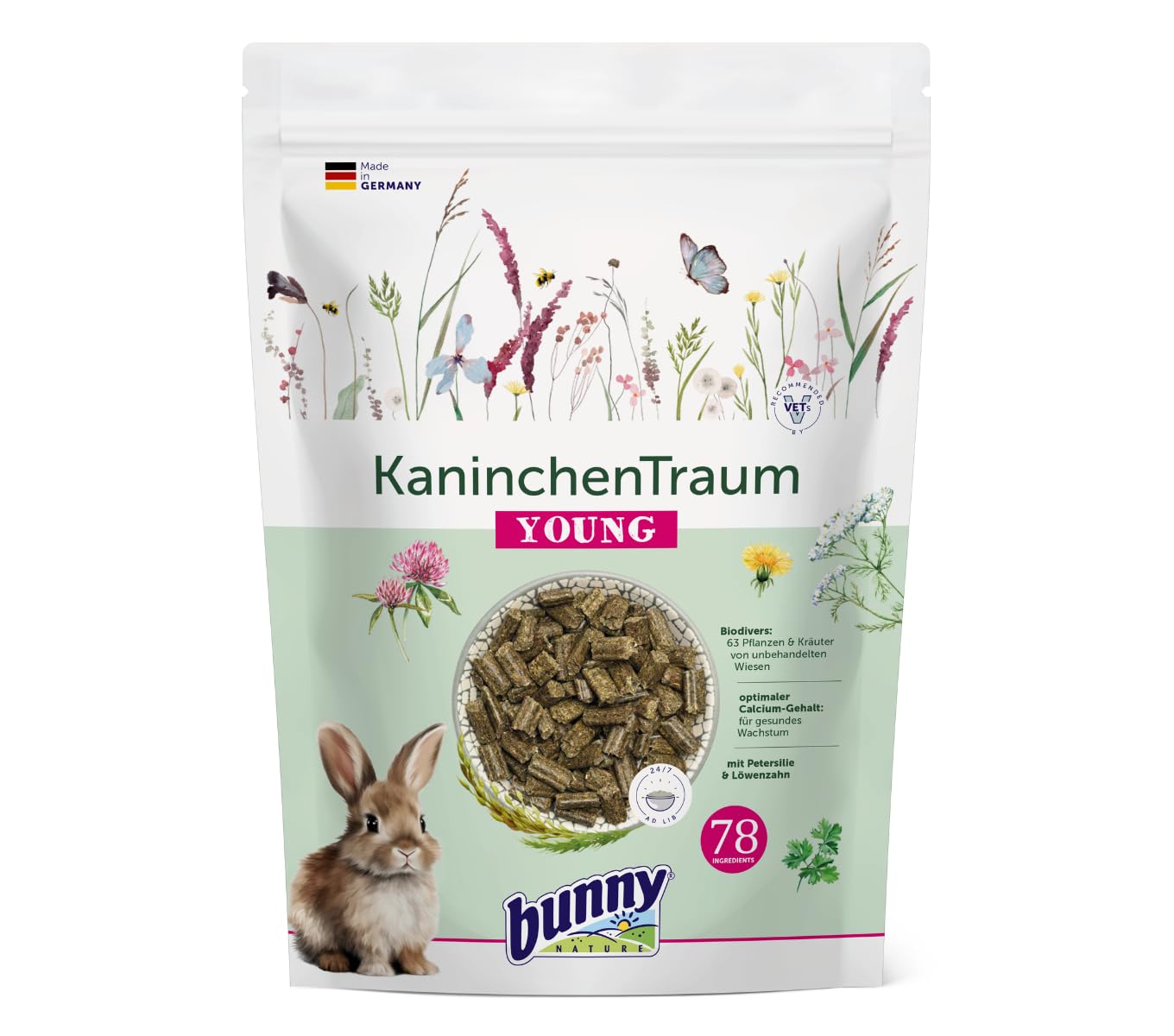 Bunny KaninchenTraum Young | 600 g | Alleinfuttermittel für Zwergkaninchen bis zum 6. Lebensmonat | Mit 42 Verschiedene Pflanzen von unbehandelten Wiesen | 3-Faser-Mix