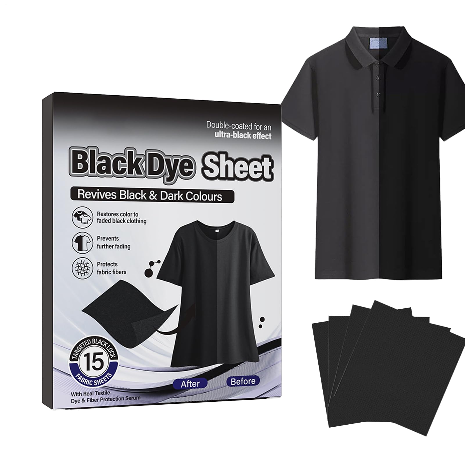 Black Fabric Dye, Intense Black, 15Pcs Dye Washing Machine Fabric Dyes Pod for Clothes, Hand Dyes, FabricsDye Sachet for Clothes, Blackening Restore Color Sheets, 10PCS