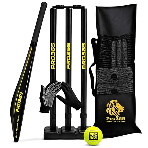 PRO365 Full Big Size Complete Cricket Kit – Full Length Bat, Premium Ball, Stumps with Stand, Gloves & Carry Bag | Premium Outdoor & Indoor Cricket Set