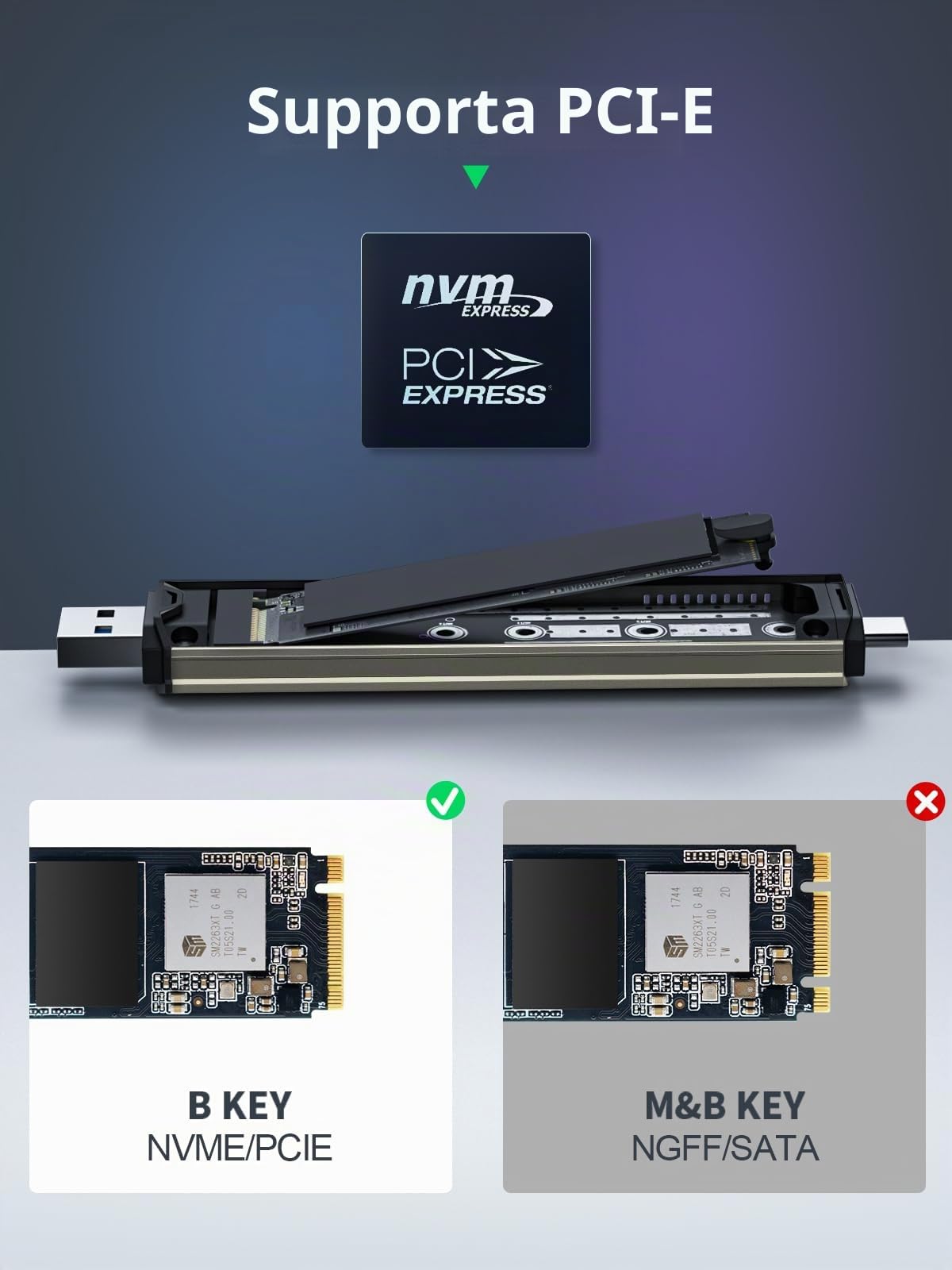 Lemorele SSD Case, Hard Disk Enclosure M.2 NVMe PCIe, USB C 3.2 Gen 2 10Gbps UASP, M.2 USB Adattatore per 4TB M Key/M+B Key 2230/2242/2260/2280 SSD, Supporta iOS, Android, Linux, Windows, MacOs