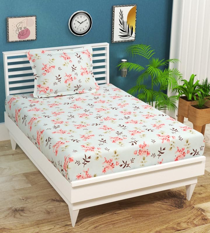 BSB HOME Premium Cotton 180tc Flat Single Bedsheets for Summer Breathable | Wrinklefree (Size-60 x 90 Inch) with 1 Pillow Covers (Size-17 x 27 Inches, Aqua & Pink Flower)