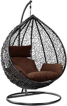 Rattan Swing Egg Chair with Stand Outdoor Indoor Garden Patio Hanging Egg Chair with Cushion Black Egg Chair & Brown Cushion