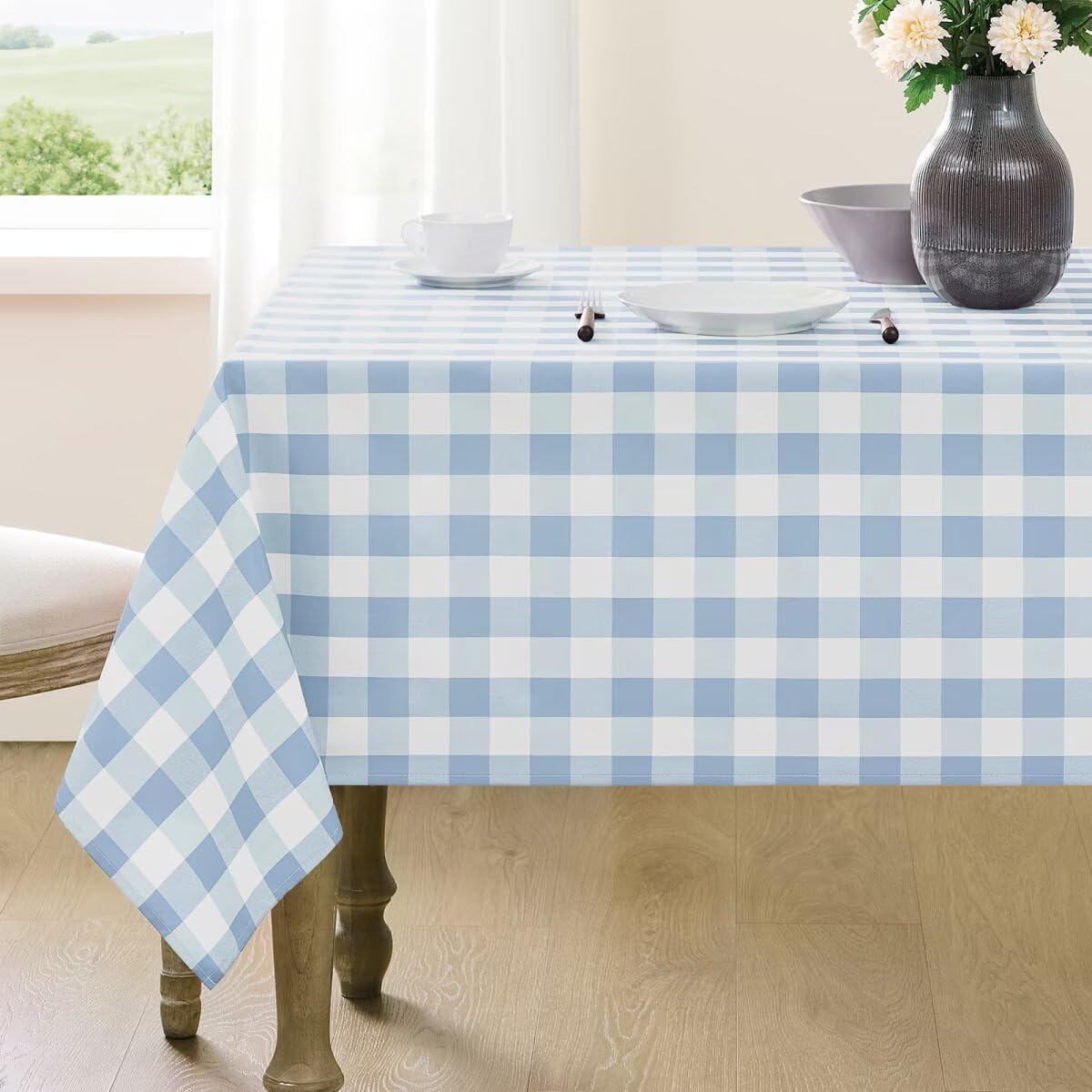Photo 1 of Maymiss Checkered Tablecloth Rectangle Gingham Table Cloths Waterproof Wrinkle Free Buffalo Plaid Table Covers Washable for Dining, Parties & Outdoor Picnic(Light Blue,52"×70")