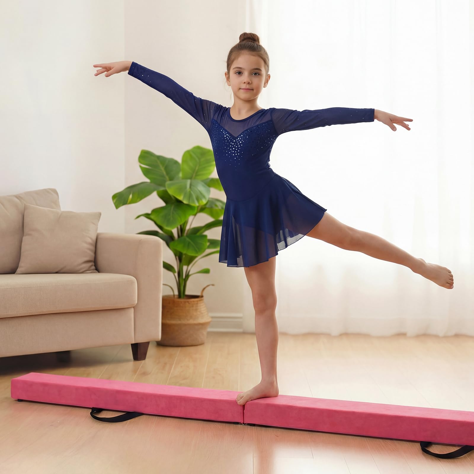 COSTWAY Trave Ginnastica Artistica per Casa 210/240/270 cm, Trave Pieghevole per Bambini con Maniglia, Base in Legno e Fondo Antiscivolo, Trave di Equilibrio da Pavimento