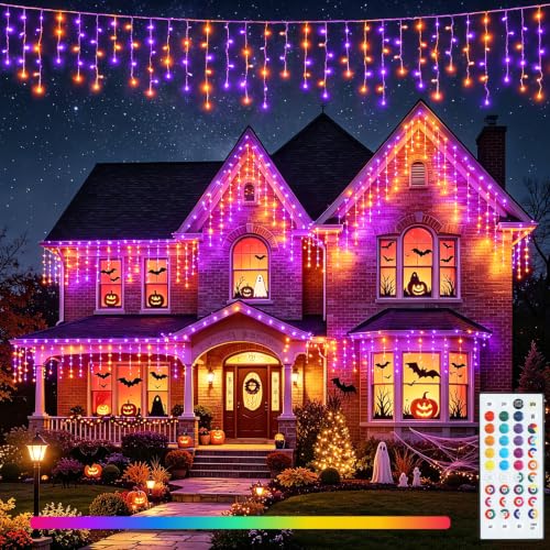 Image of Pooqla 35 Colors Icicle Lights for Outside, 88FT Icicle Christmas Lights | Outdoor Roof Christmas Lights with Remote, Color Changing LED Hanging String Lights for Roof Window Halloween Decorations