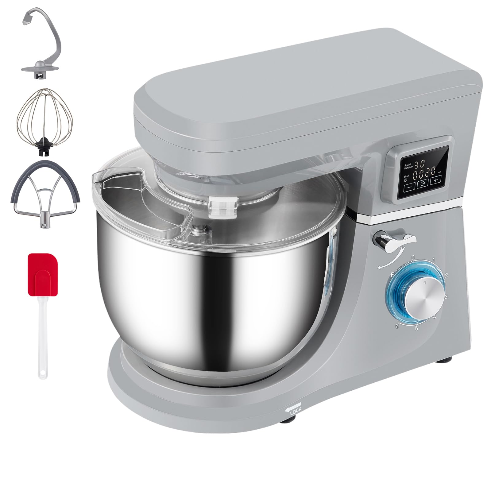 Happybuy 660W Electric Stand Mixer, 7.4Qt Stainless Steel Bowl, 6-Speed Tilt-Head Dough Mixer with LCD Timing, Includes Dough Hook, Flat Beater, Whisk, Scraper, Splash-Proof Cover - Gray