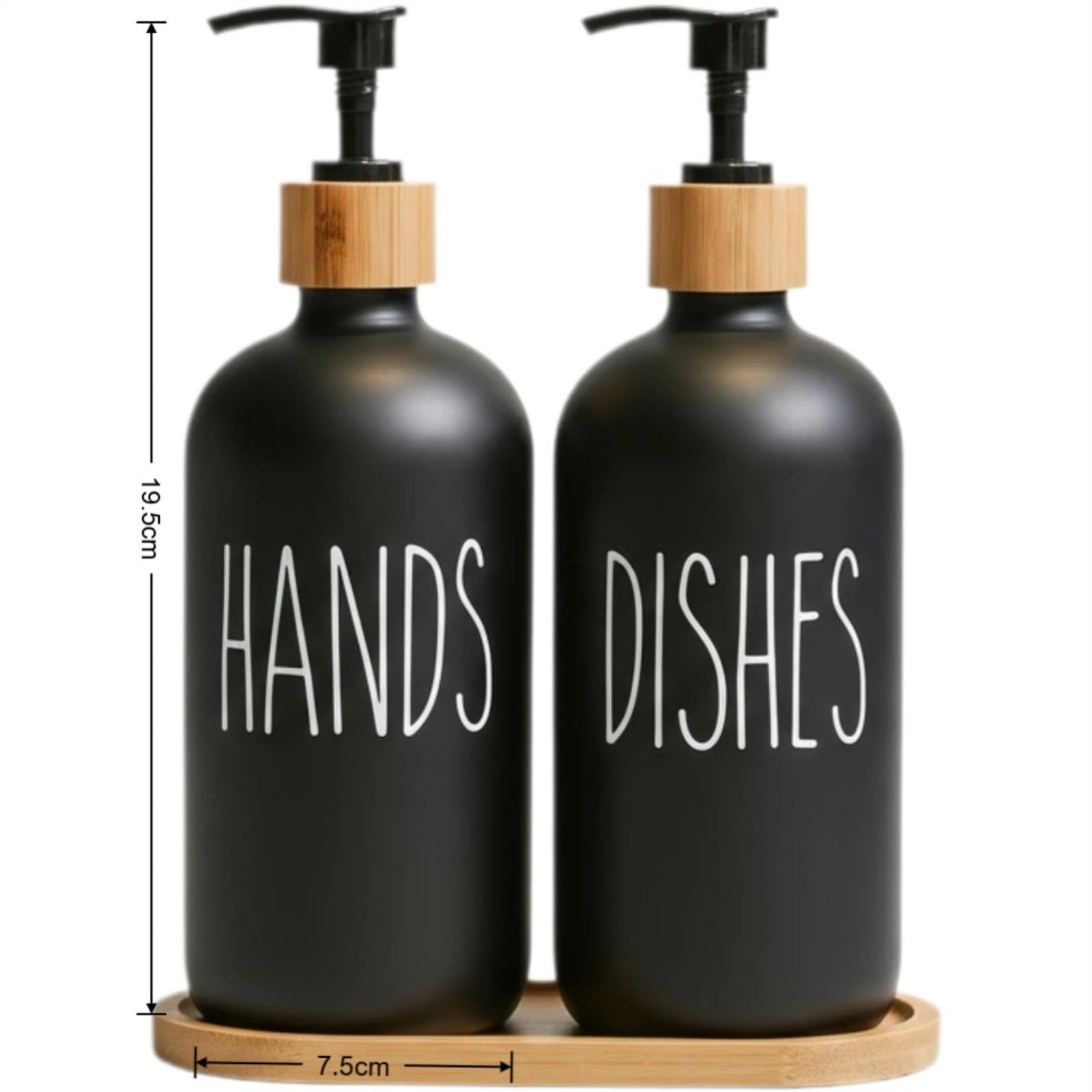 Set dispenser di sapone in vetro, 2 bottiglie marroni con pompa e vassoio in bambù, per cucina e bagno (Nero)